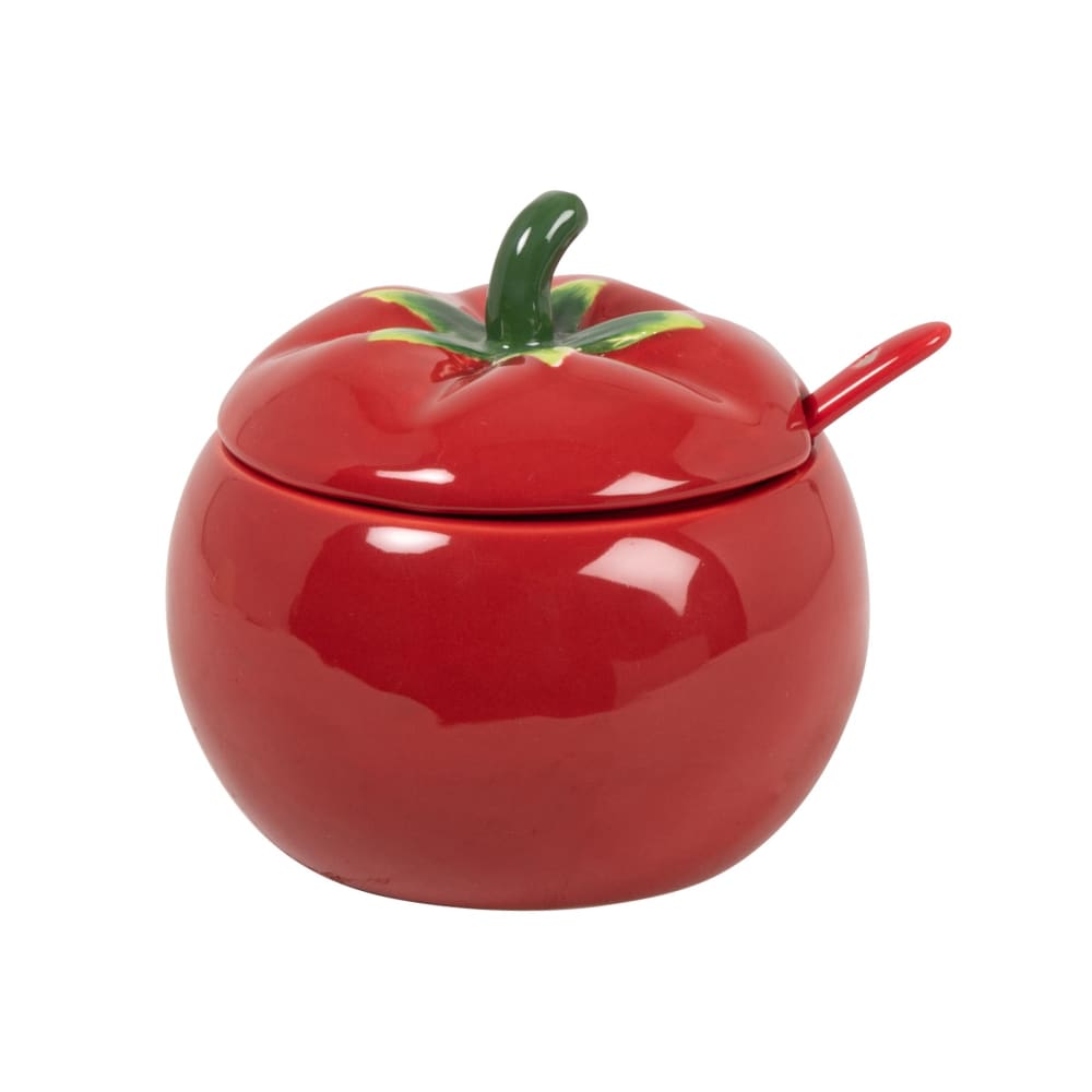 Pot tomate et cuillère en céramique rouge et verte