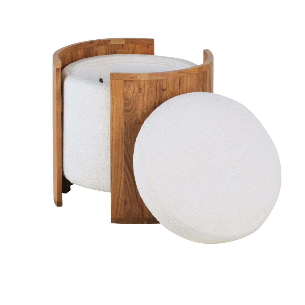 Pouf coffre bouclettes blanches et bois d'acacia