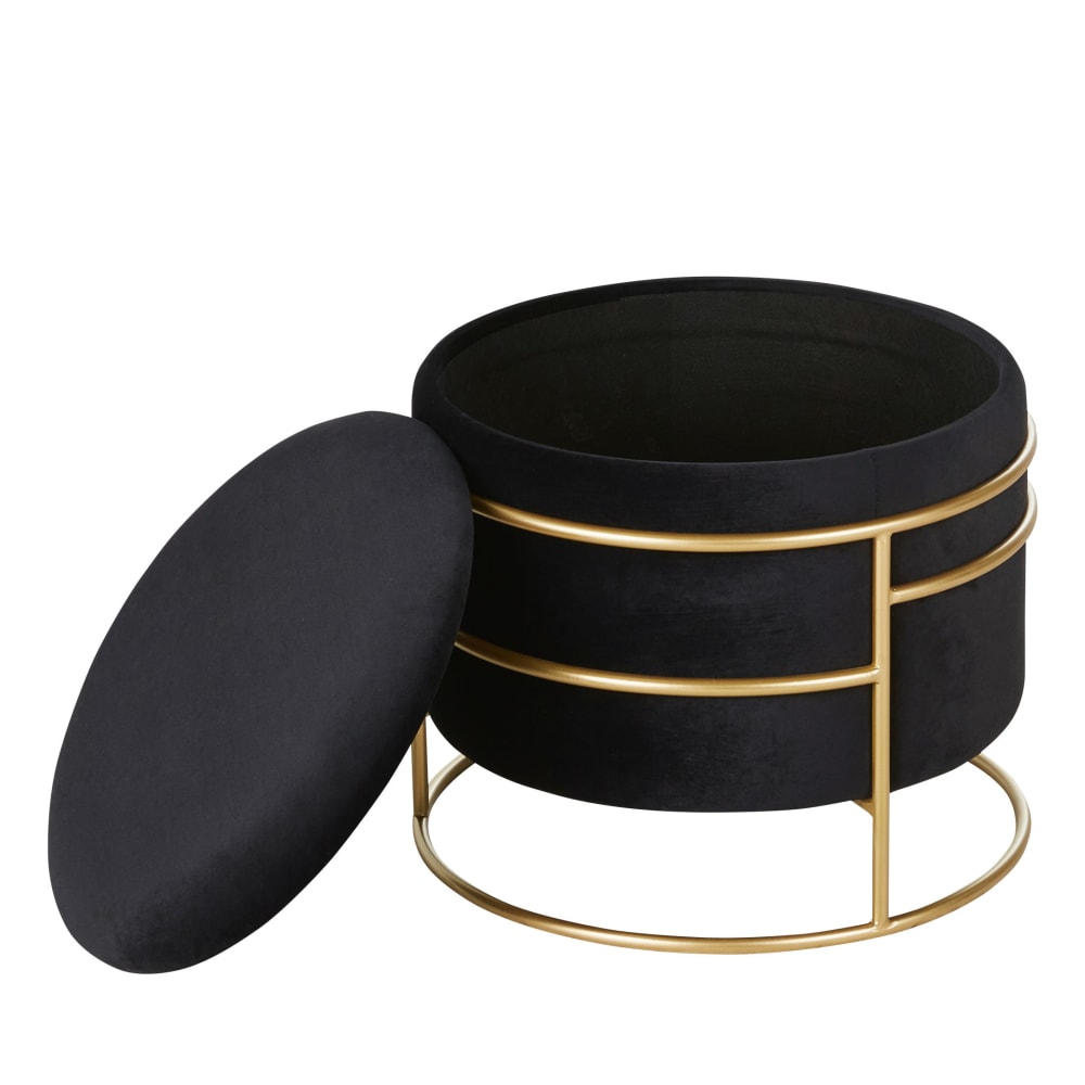Pouf coffre en velours noir et métal doré