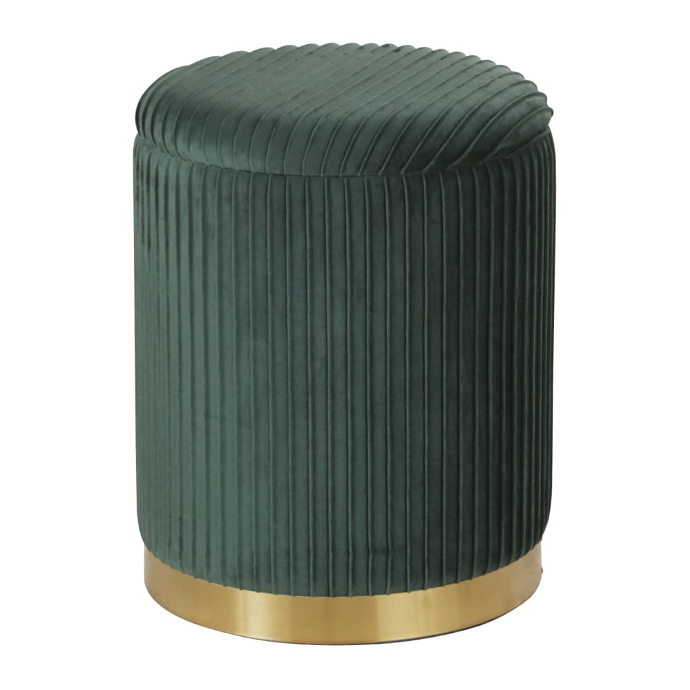 Pouf coffre rond en velours vert et acier doré