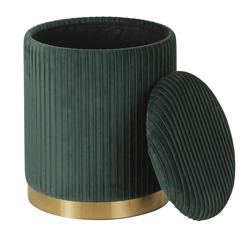 Pouf coffre rond en velours vert et acier doré - Maisons Du Monde