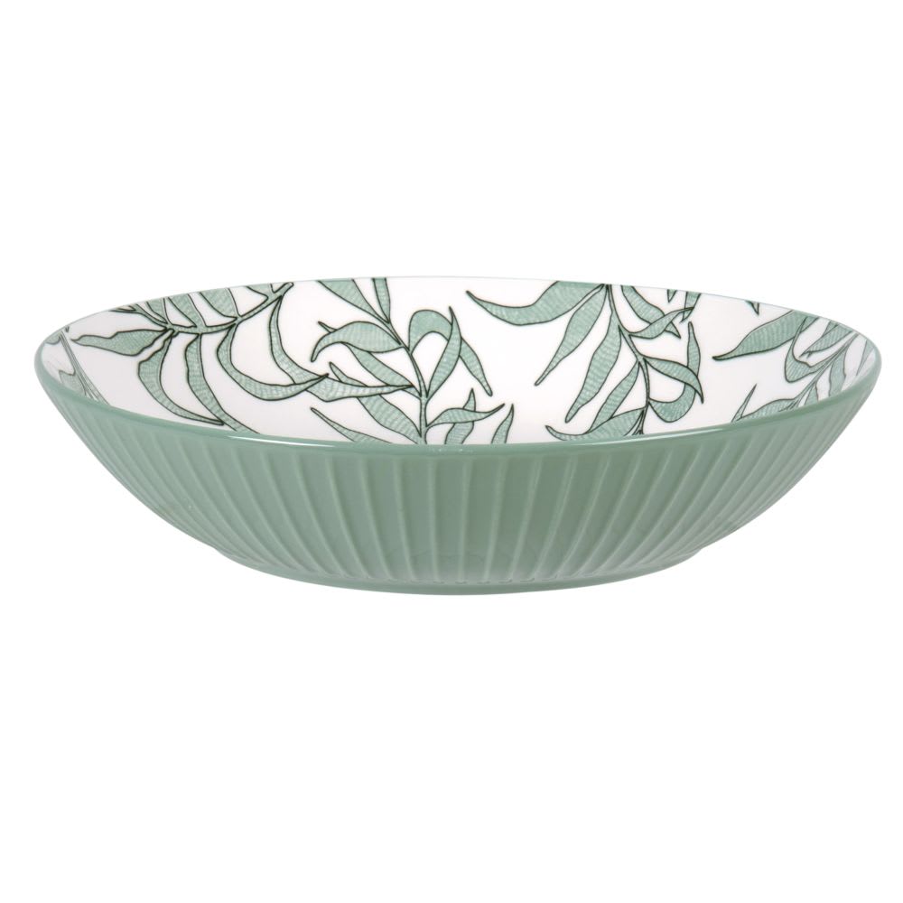 Prato fundo em porcelana branca com motivos vegetais verde -