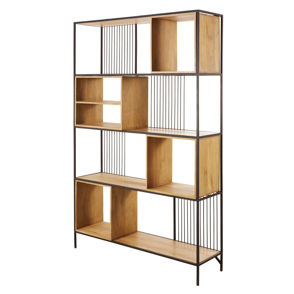 Regal aus schwarzem Metall und massivem Mangoholz, 125 cm -