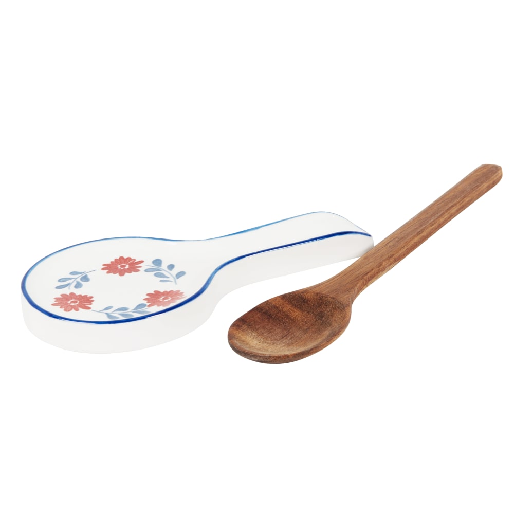 Repose-cuillère en céramique blanche motif floral bleu et rouge et cuillère en bois d'acacia