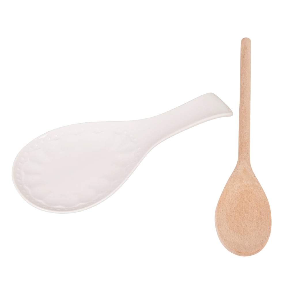 Repose-cuillère en porcelaine blanche et cuillère en bois de hêtre - Maisons du Monde