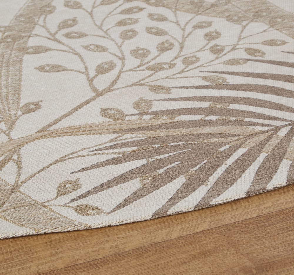 Runder, gewebter Jacquard-Teppich, Blättermotiv, beige, D200cm -