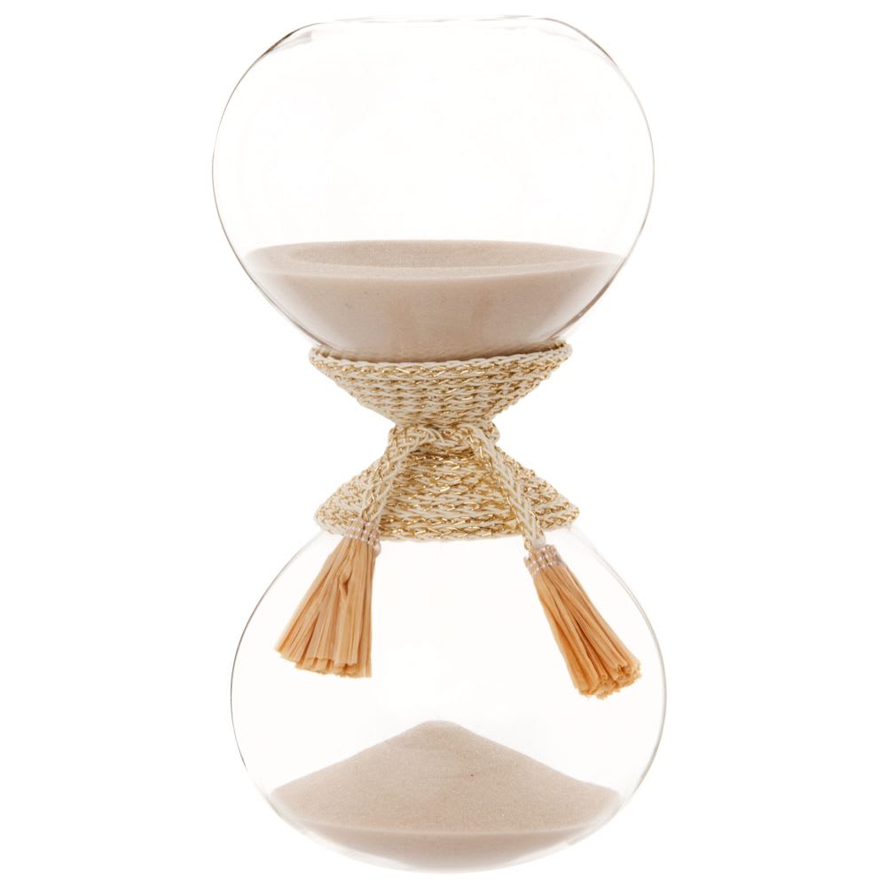 Sablier beige en verre et accessoire en raphia