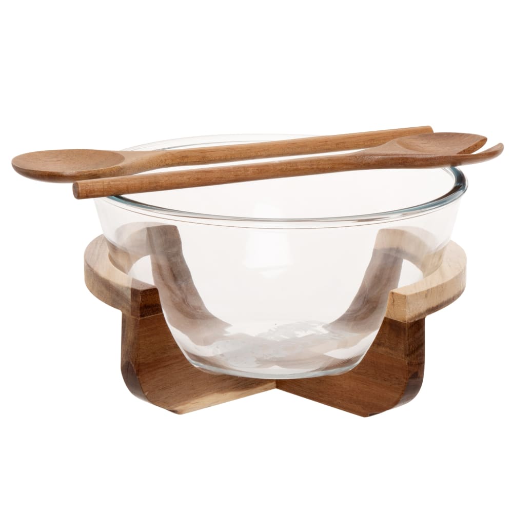 Saladier en verre et couverts à salade en bois d'acacia