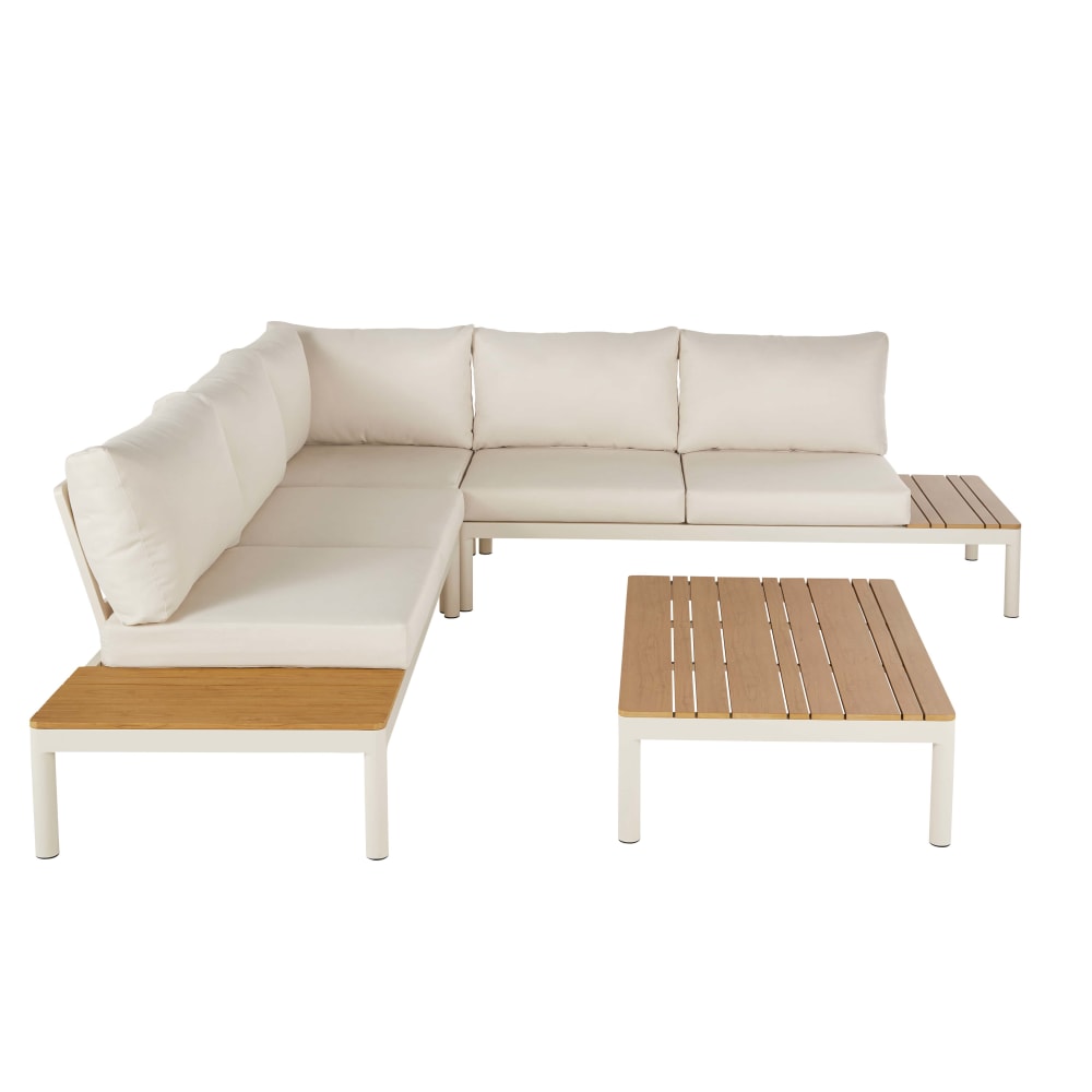 Salon de jardin 4/5 places en aluminium blanc, effet bois et coussins en polyester recyclé blanc