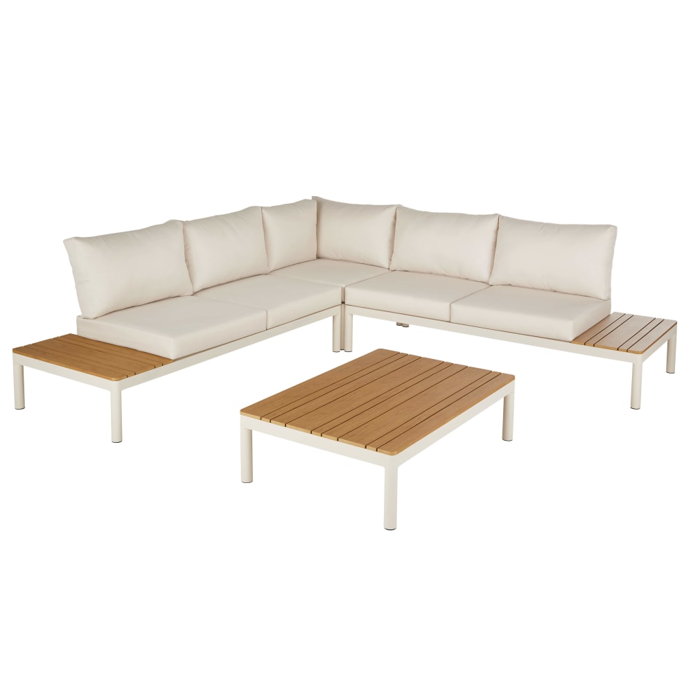 Salon de jardin 4/5 places en aluminium blanc, effet bois et coussins en polyester recyclé blanc