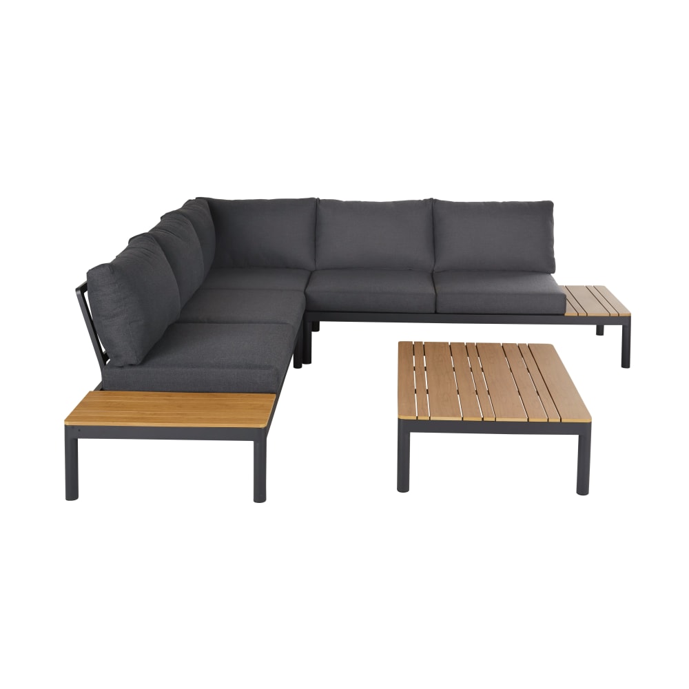 Salon+de+jardin+4/5+places+en+aluminium+gris+anthracite,+effet+bois+et+coussins+en+polyester+recycle+gris+anthracite