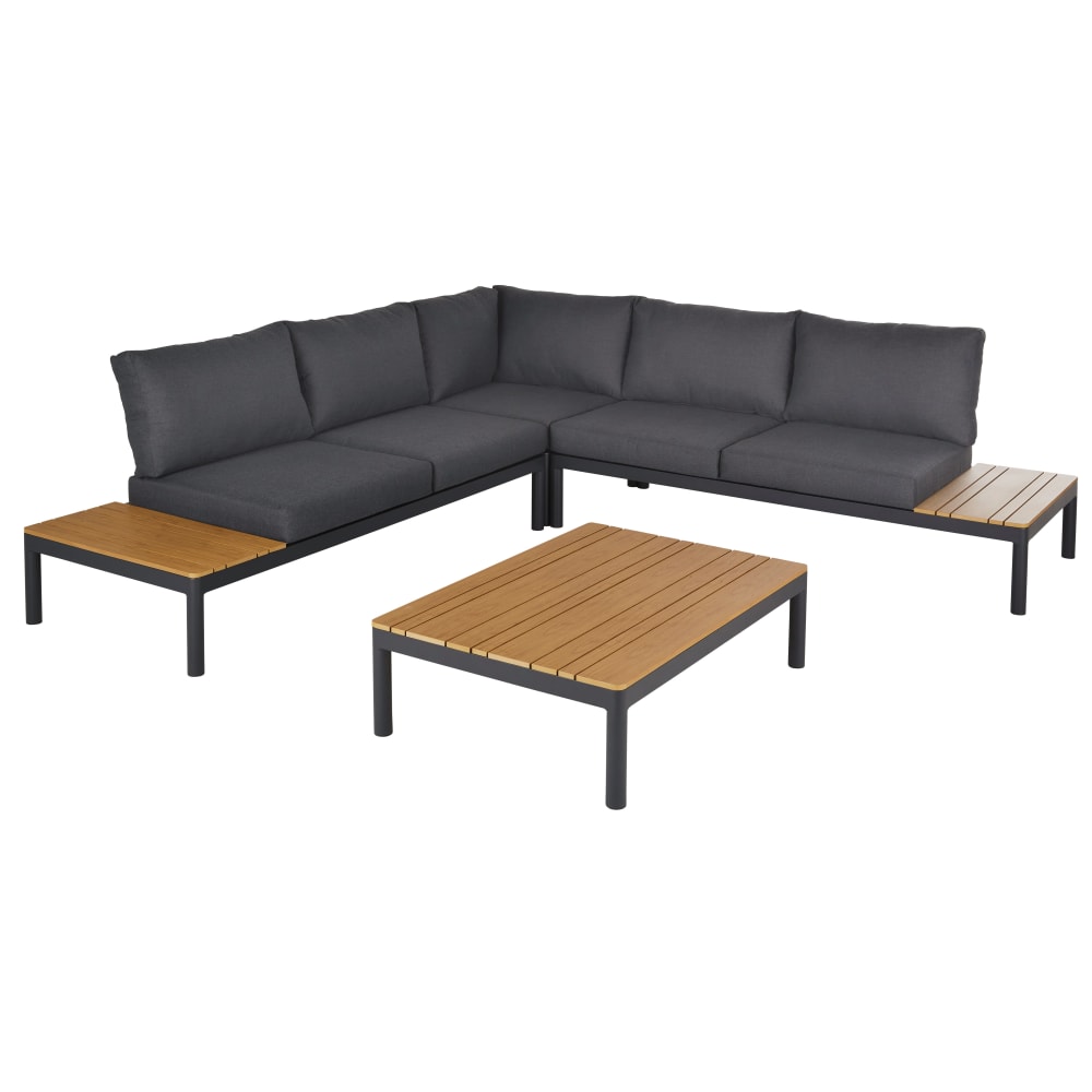 Salon de jardin 4/5 places en aluminium gris anthracite, effet bois et coussins en polyester recyclé gris anthracite