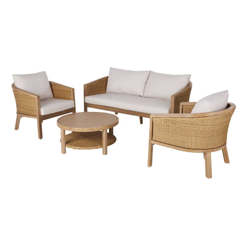 Salon de jardin 4/5 places en bois d'acacia et coussins écrus - Maisons du Monde