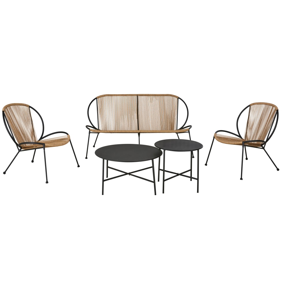 Salon de jardin 4 places en acier noir et résine imitation rotin