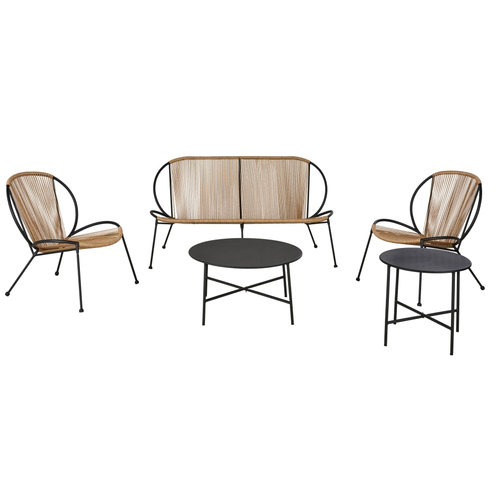 Salon de jardin 4 places en acier noir et résine imitation rotin - Maisons du Monde