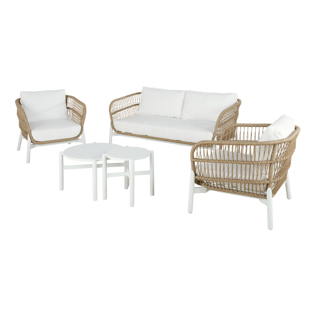 Salon de jardin 4 places en résine tressée imitation rotin et coussins blancs