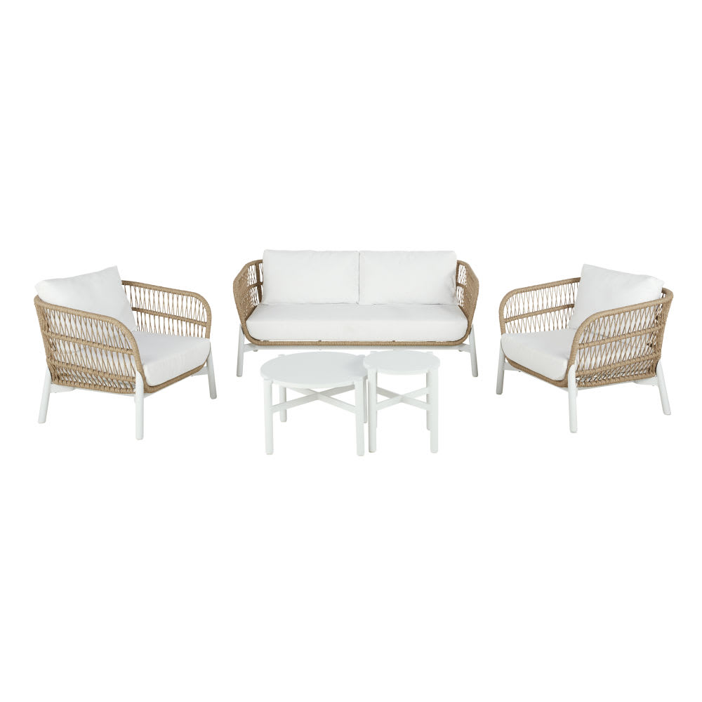 Salon de jardin 4 places imitation rotin et coussins blancs