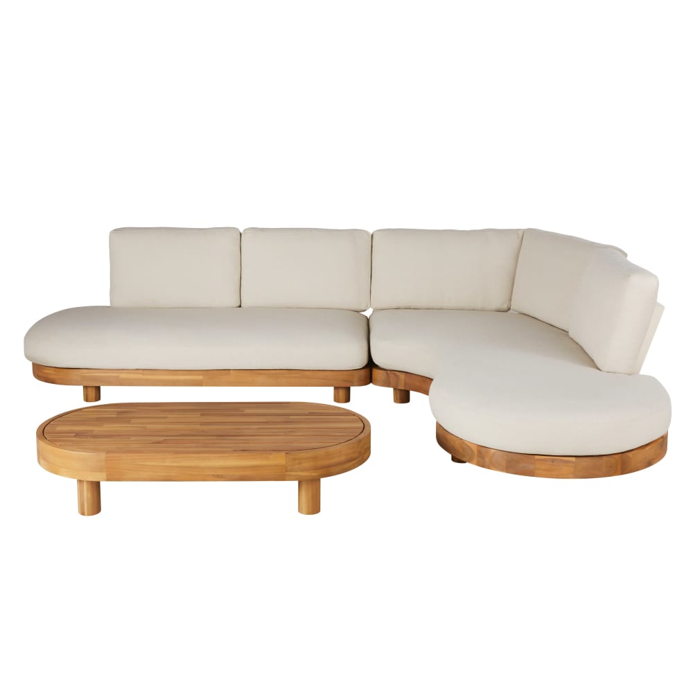 Salon de jardin 5 places en bois d'acacia et coussins bouclette en polyester recyclé écru