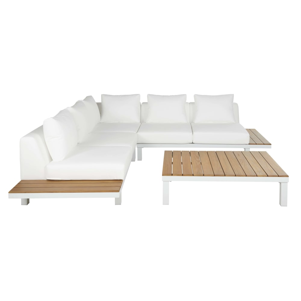 Salon de jardin 6 places en aluminium blanc, bois de teck et coussins effet cuir blanc