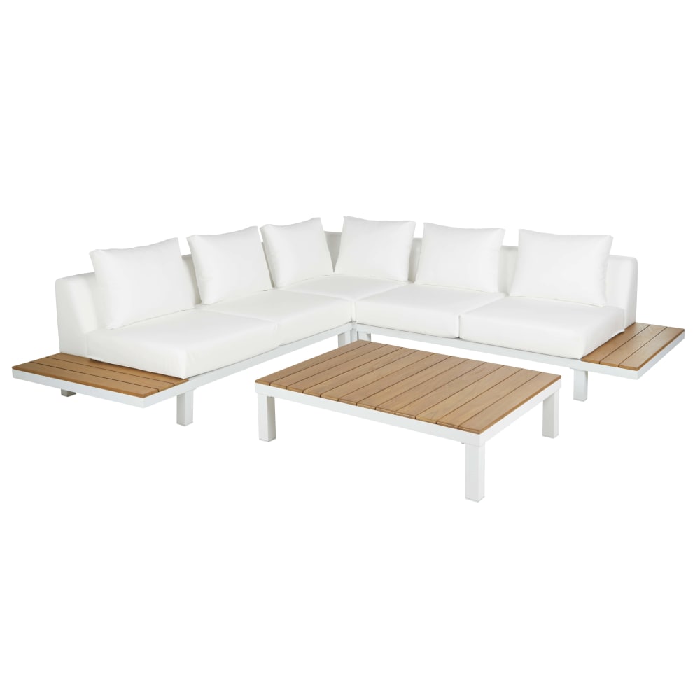 Salon de jardin 6 places en aluminium blanc, bois de teck et coussins effet cuir blanc