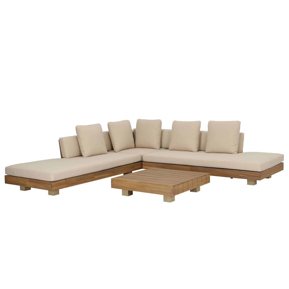 Salon de jardin 6 places en bois d'acacia massif, aluminium et toile recyclée coloris sable