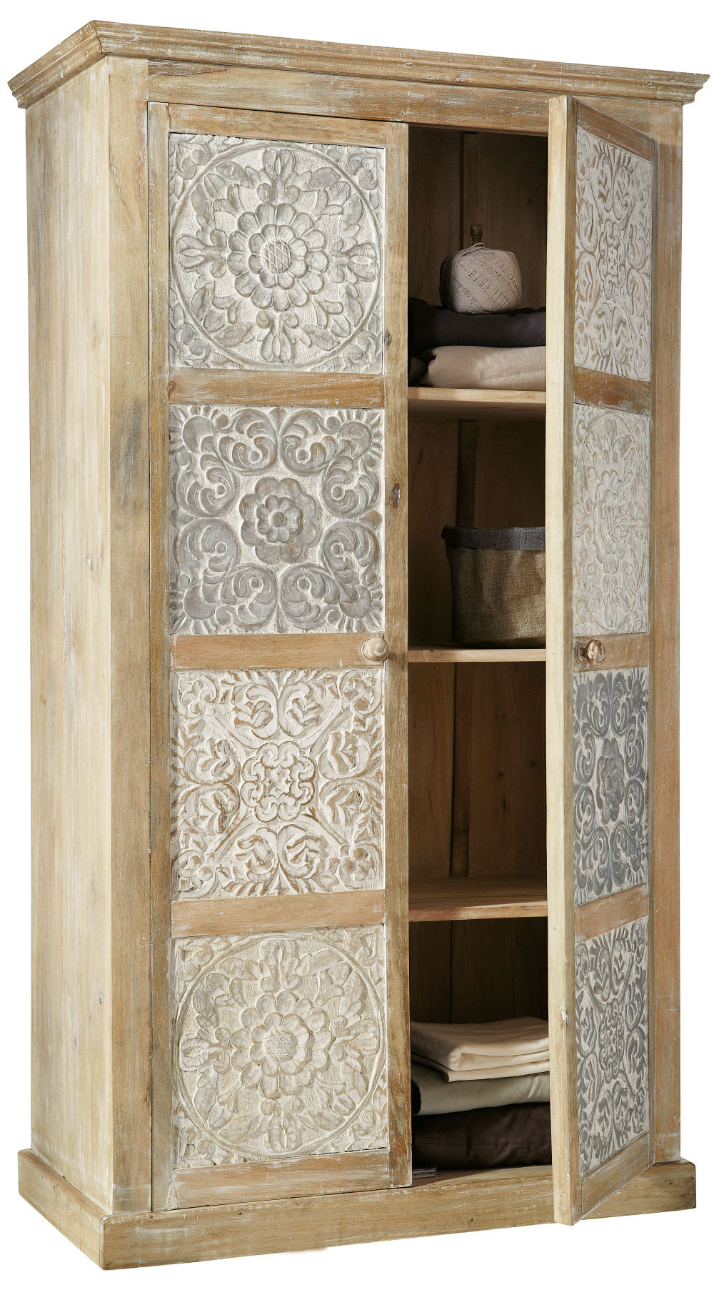 Schrank aus massivem Mangoholz, B 100cm, weiß/silbern Annapurna -