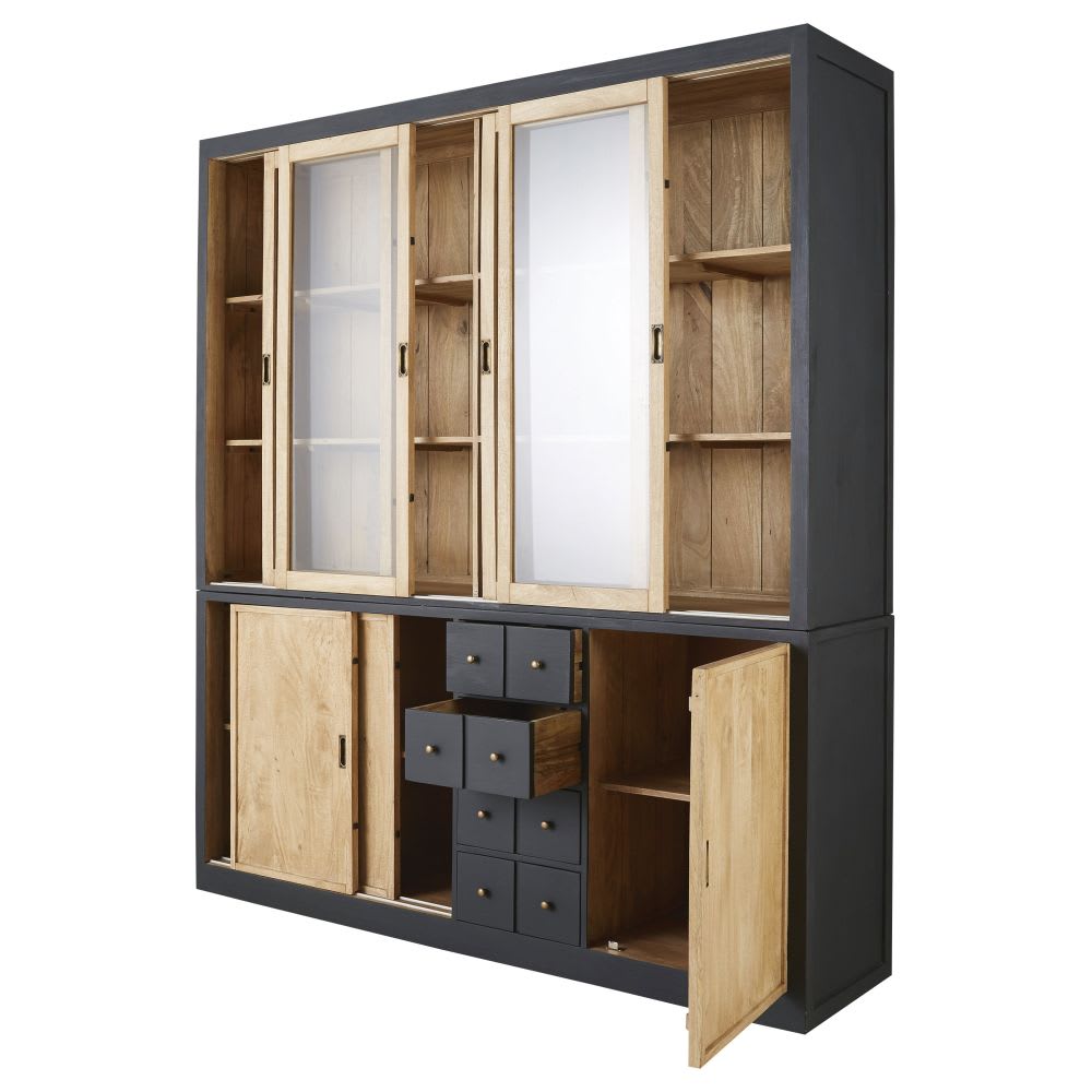 Schrank mit 7 Türen aus massivem Mangoholz und Sicherheitsglas,