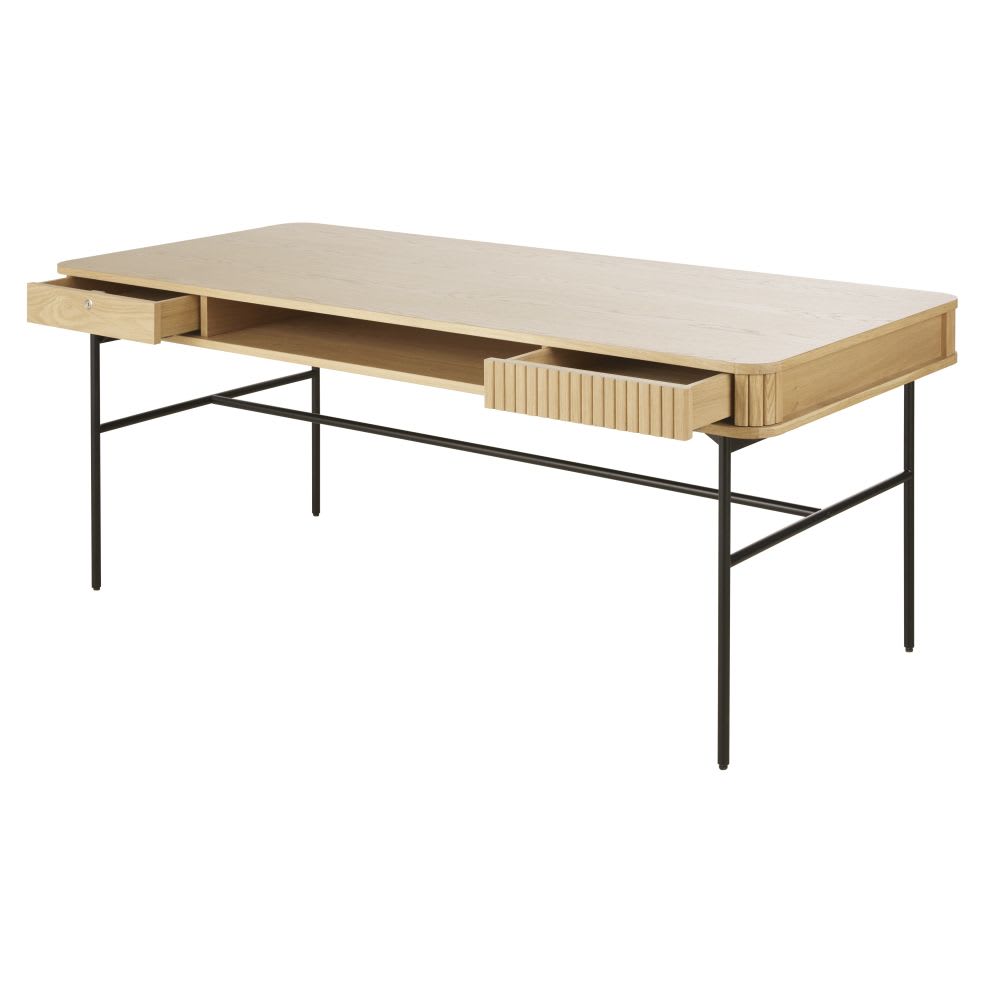 Schreibtisch mit 3Schubladen, beige und schwarz - Maisons Du