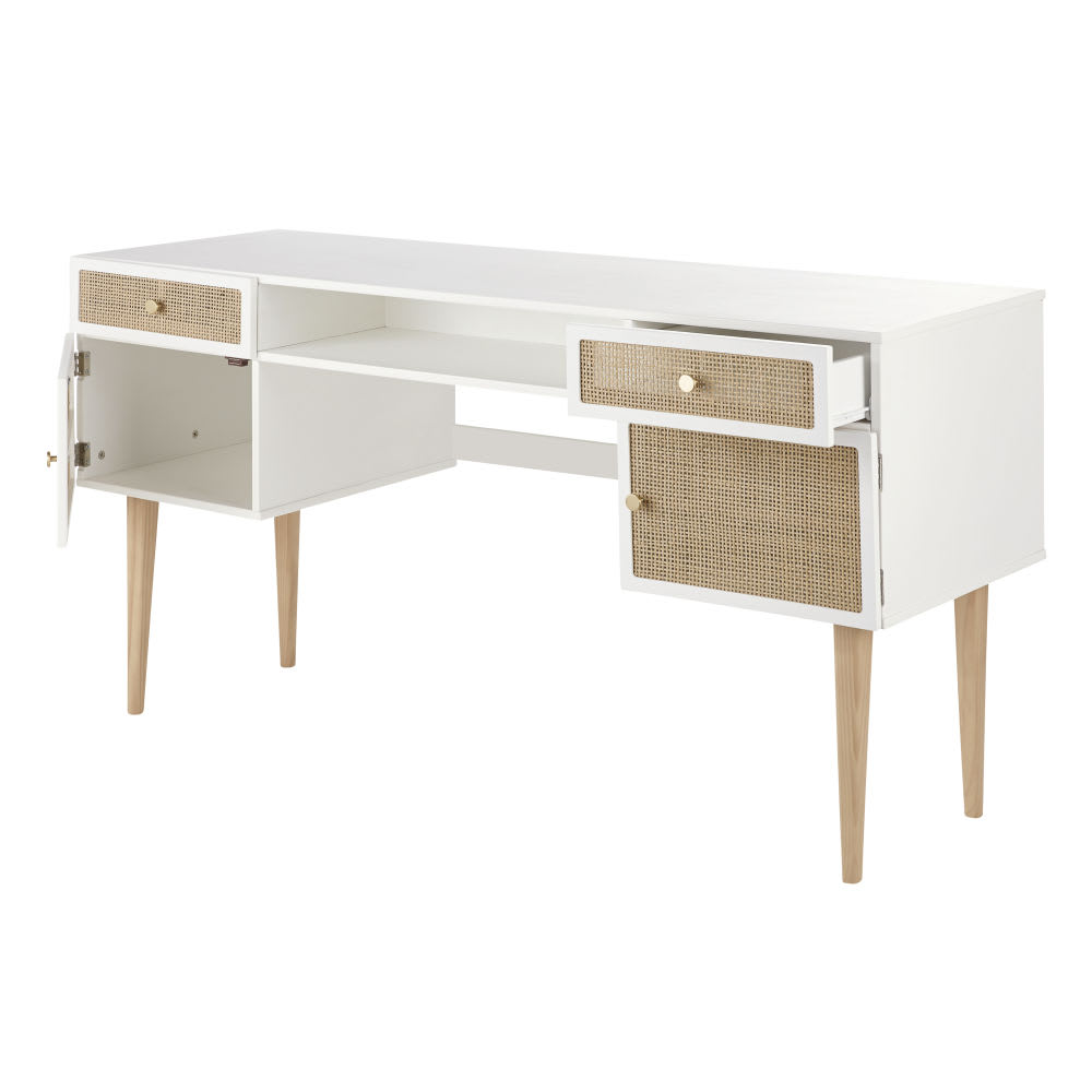 Scrivania bicolore a 2 ante e 2 cassetti intreccio in rattan -