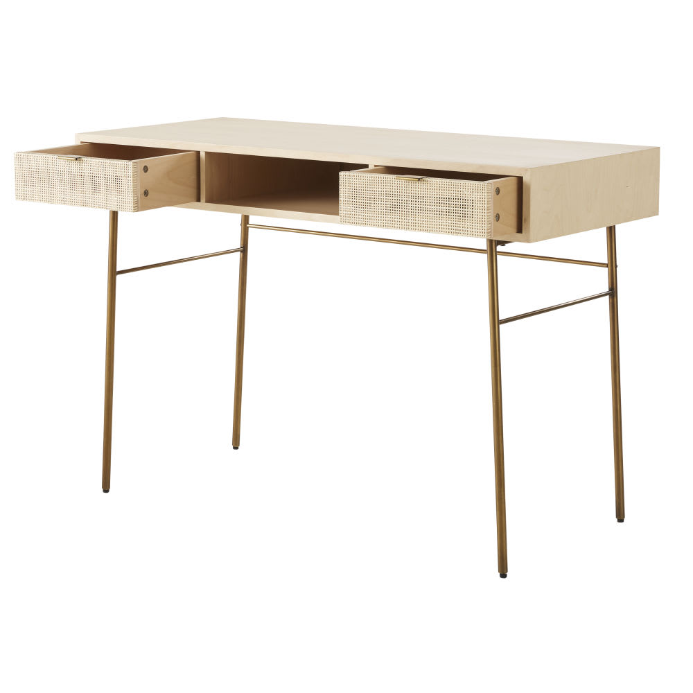 Scrivania in legno a 2 cassetti con finitura in rattan - Maisons