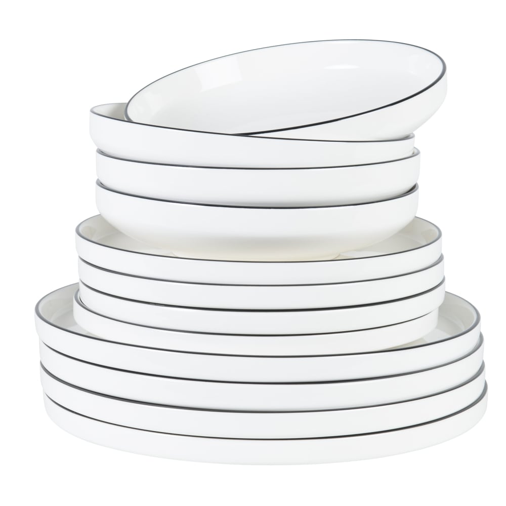 Service de table 12 pièces en porcelaine blanche et liseré noir Service de table 12 pièces en porcelaine blanche et liseré noir