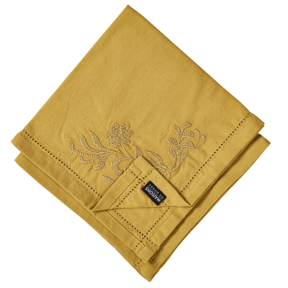 Serviettes en coton jaune broderies florales (x2) 45x45