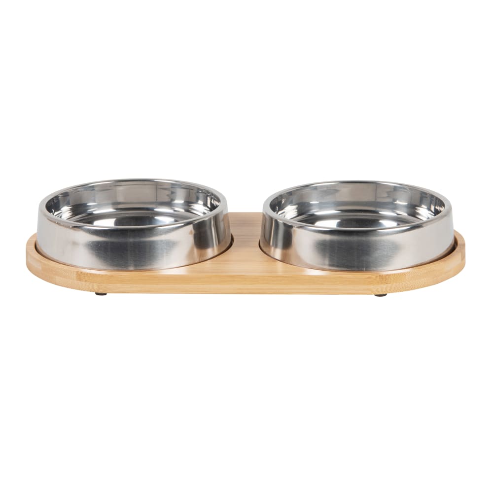 Set de 2 comederos para perros y gatos de acero inoxidable y bambú