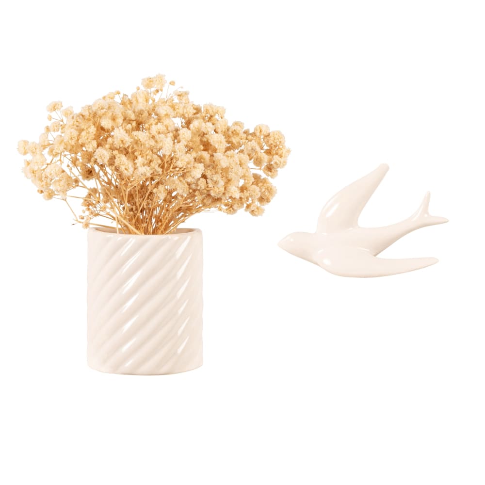 Set de 2 pájaros y jarrón de cerámica blanca 15x16 cm