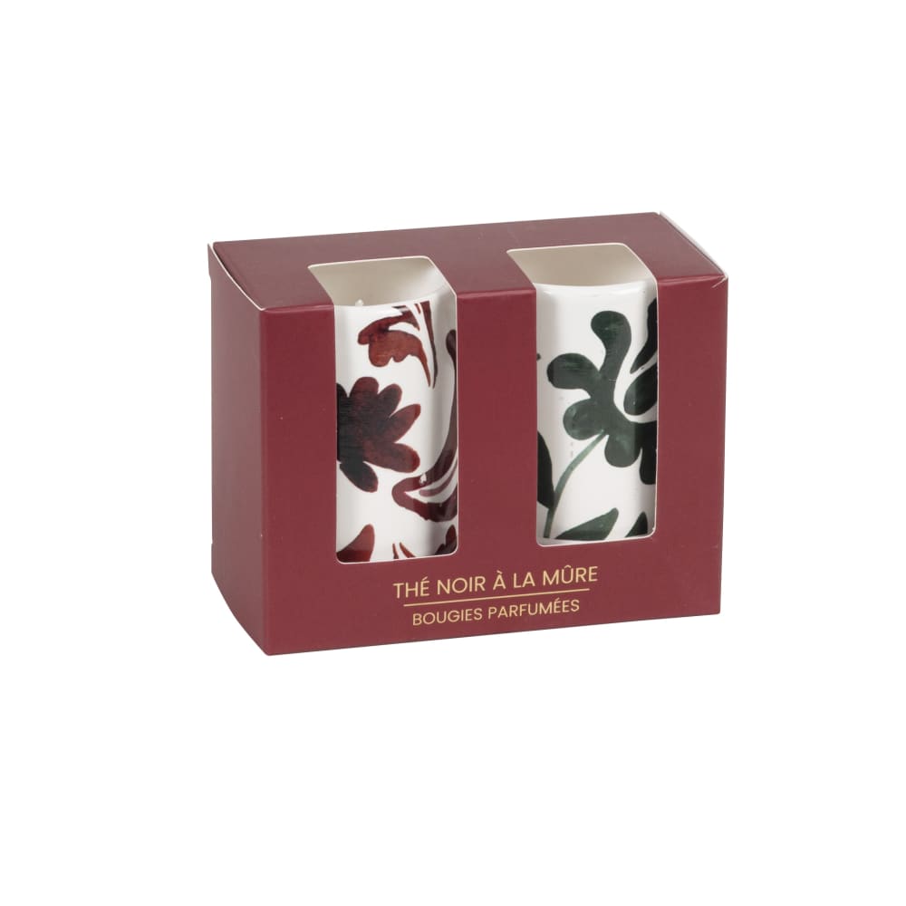 Set de 2 velas de Té negro a la mora en cerámica roja, ocre y verde