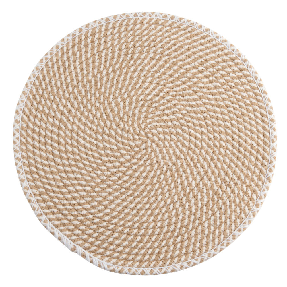 Set de table rond en polyester recyclé et jute beige et blanc D38