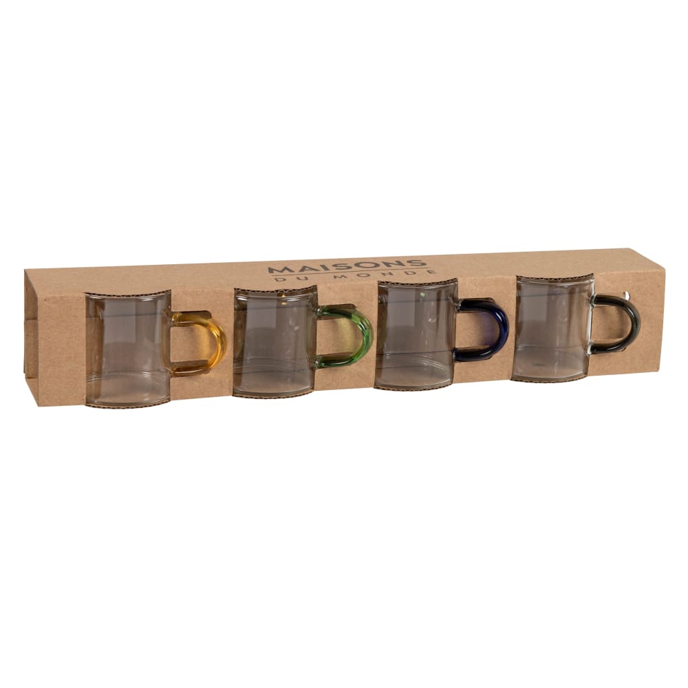 Set di 4 tazze in vetro trasparente, giallo, blu e grigio -