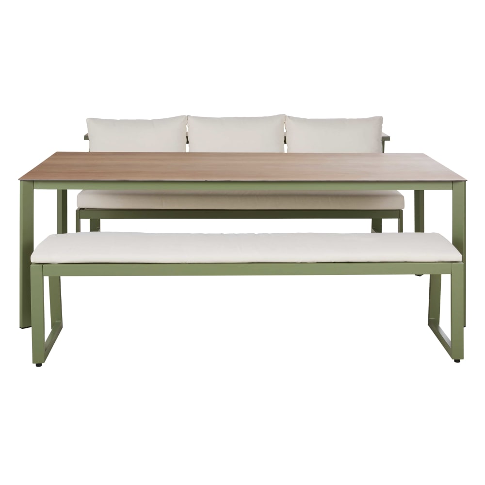 Set mit Gartenbank mit Lehne aus khakigrünem Aluminium mit