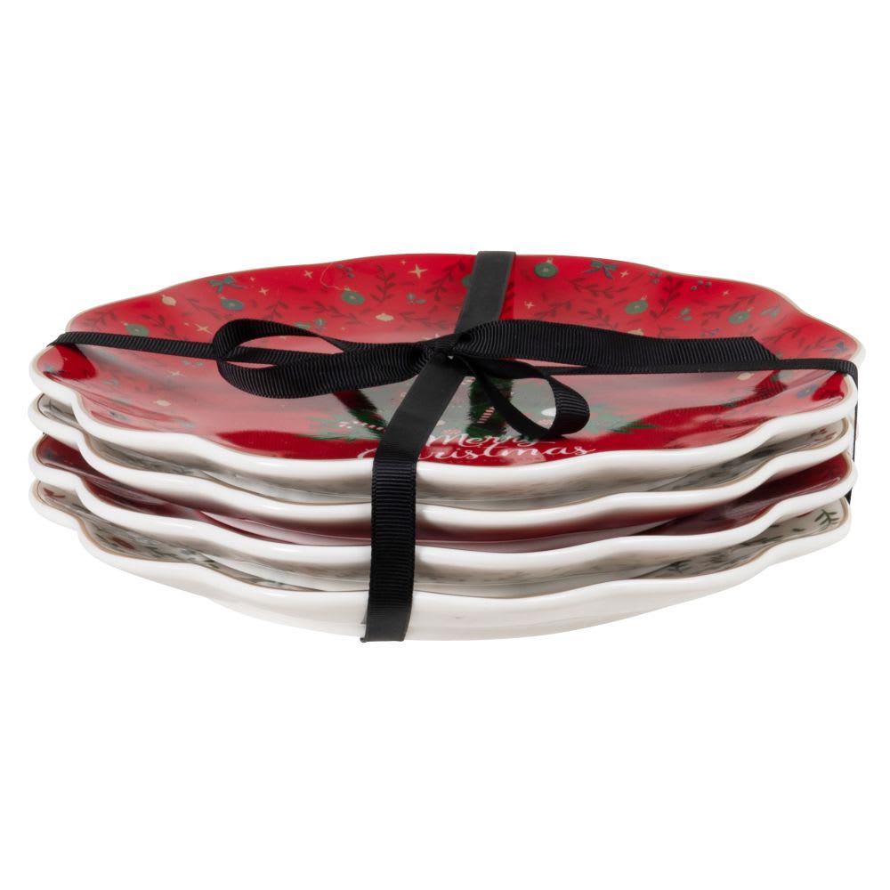 Set steengoed dessertborden (x4) met kerstmotieven in beige,