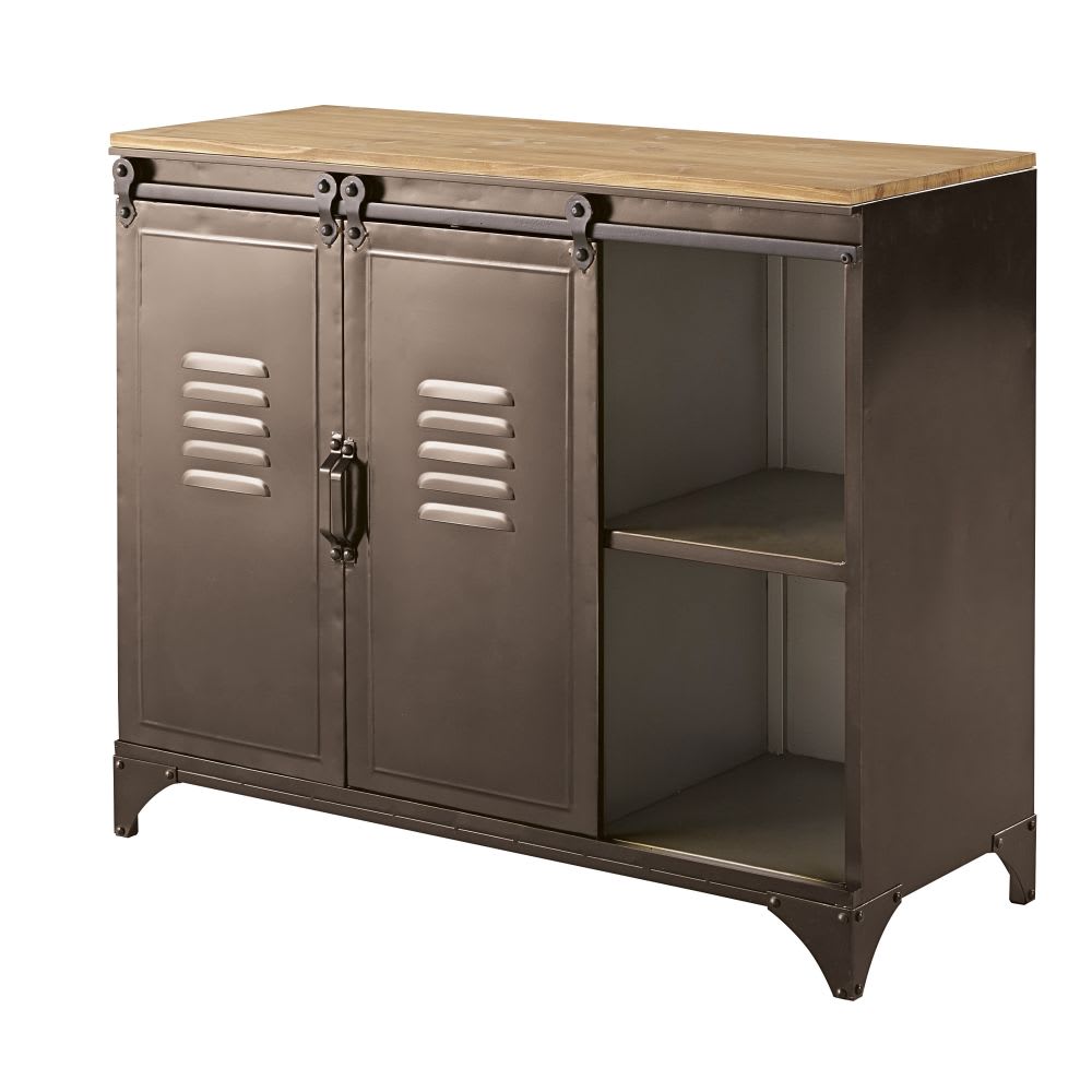 Sideboard im Industriestil mit 2 Türen aus Eisen und Tannenholz,