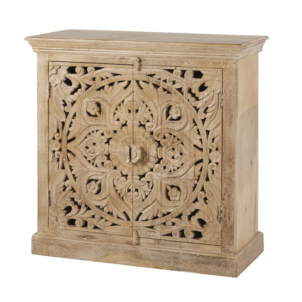 Sideboard mit 2 Türen aus massivem, geschnitztem Mangoholz, 90 cm