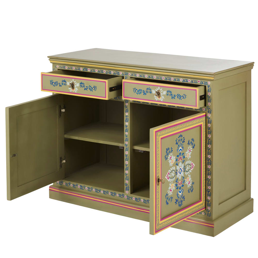 Sideboard mit 2 Türen und 2 Schubladen, verziert mit mehrfarbigen