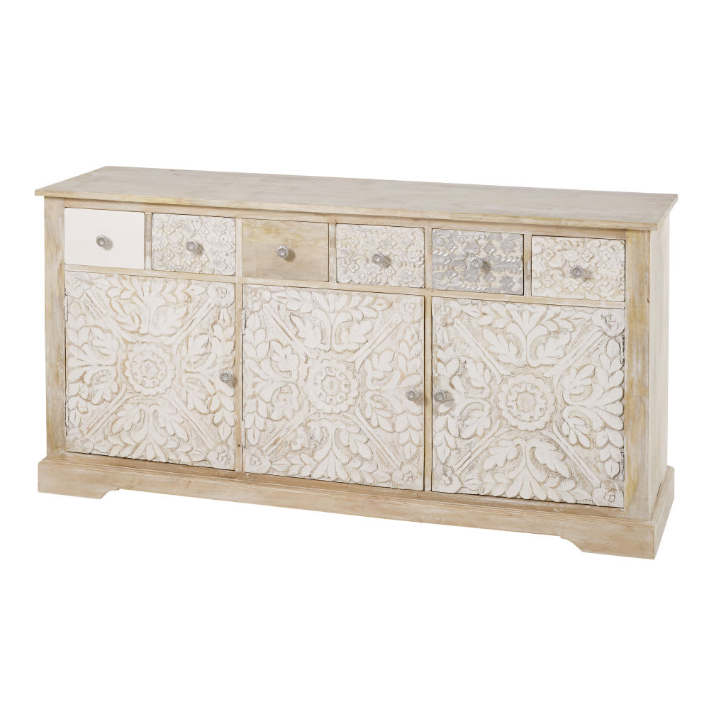 Sideboard mit 3 Türen aus massivem, geschnitztem Mangoholz, 160