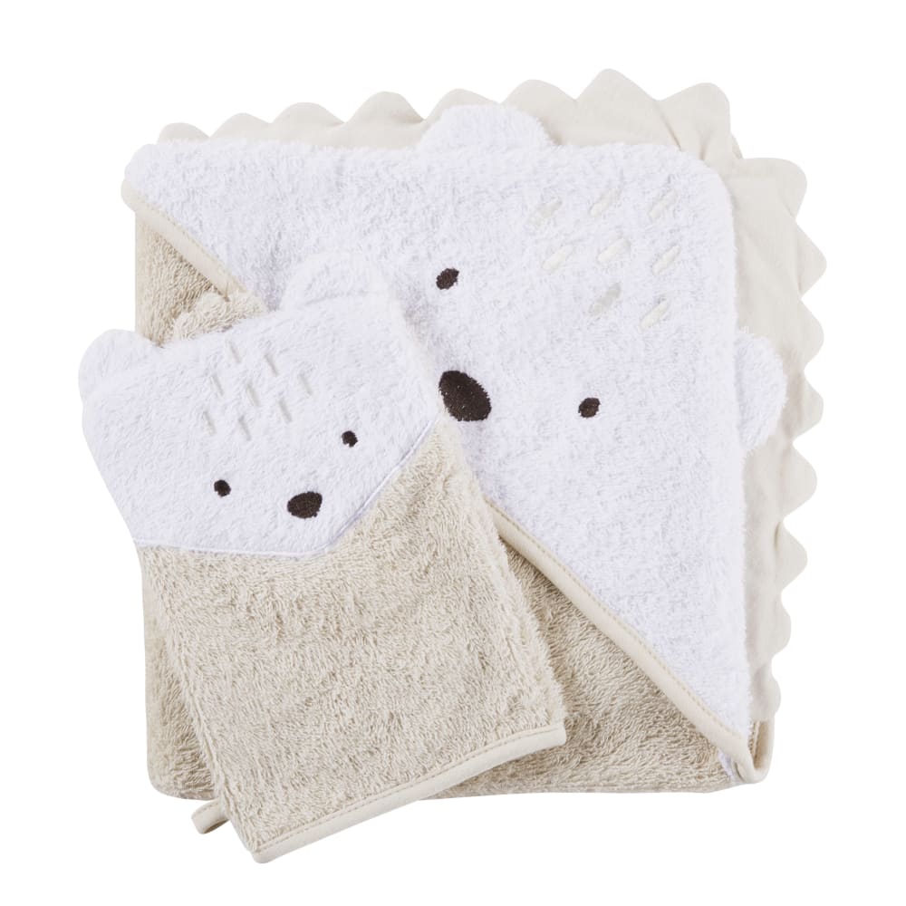 Sortie de bain en coton biologique beige capuche hérisson 80x80