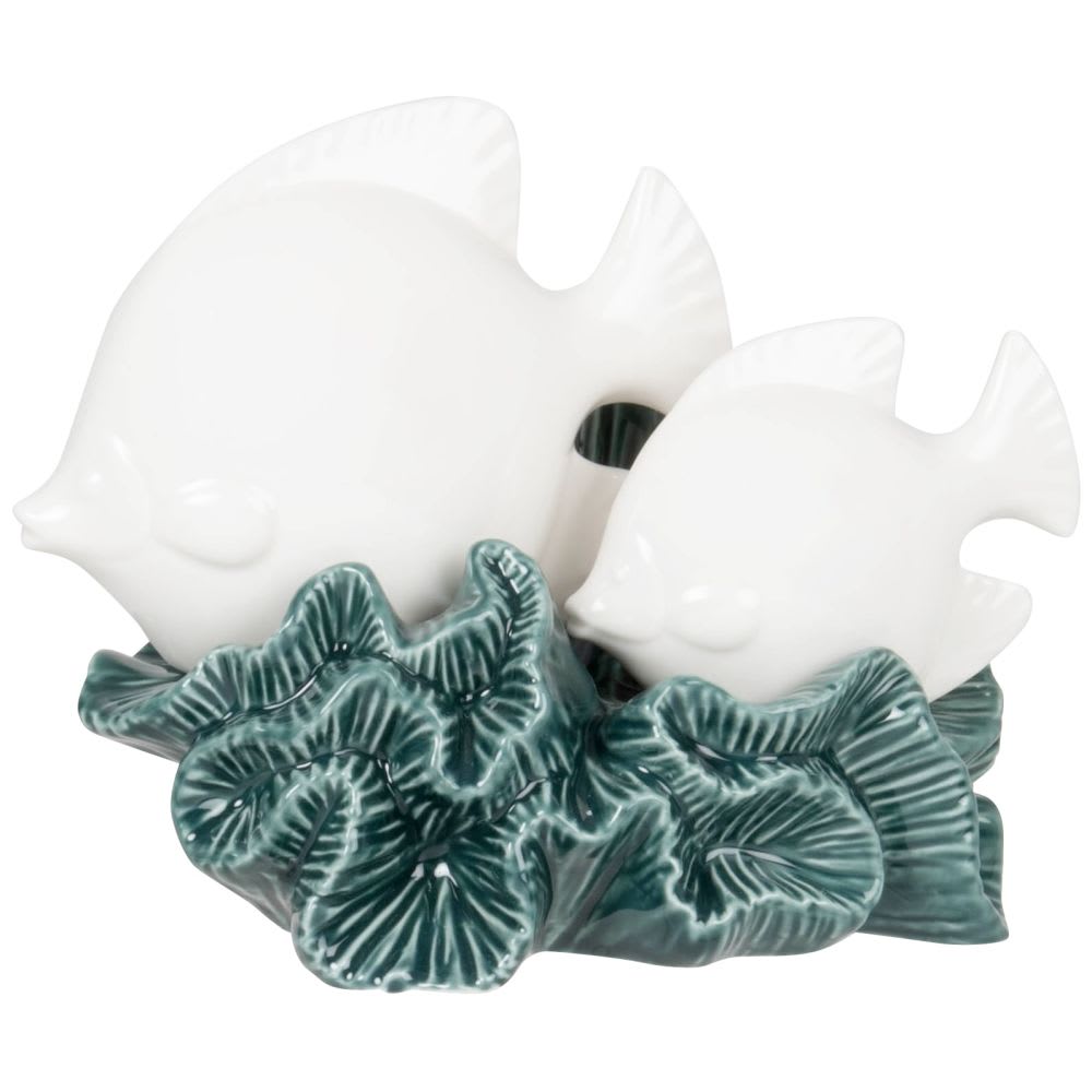 Statuette poissons et corail en porcelaine blanche et verte H16