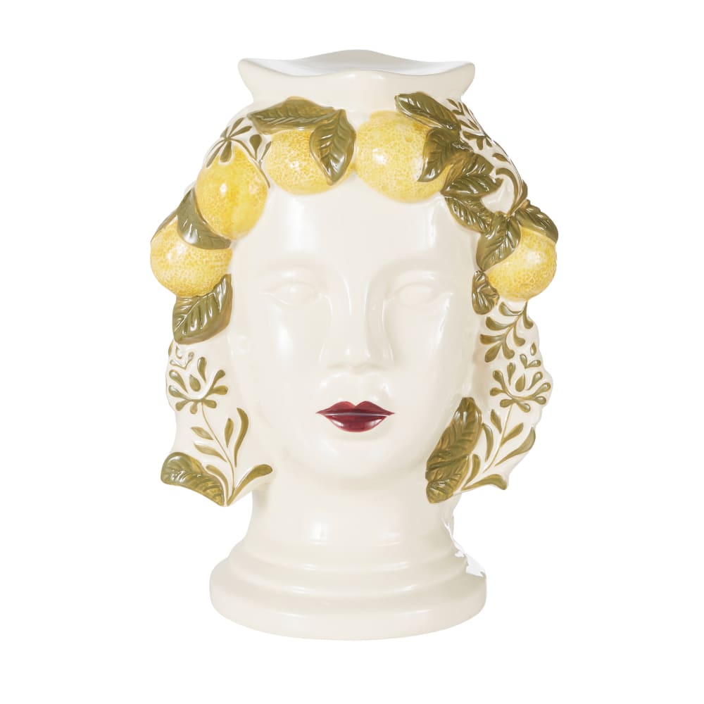 Statuette visage, feuillages et citrons en grès blanc, jaune et vert H34 — Beyit