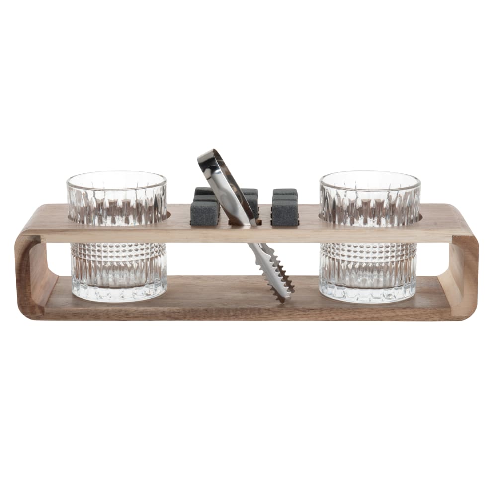 Support en bois d'acacia, verres à whisky taillés (x2), pince et glaçons en pierre