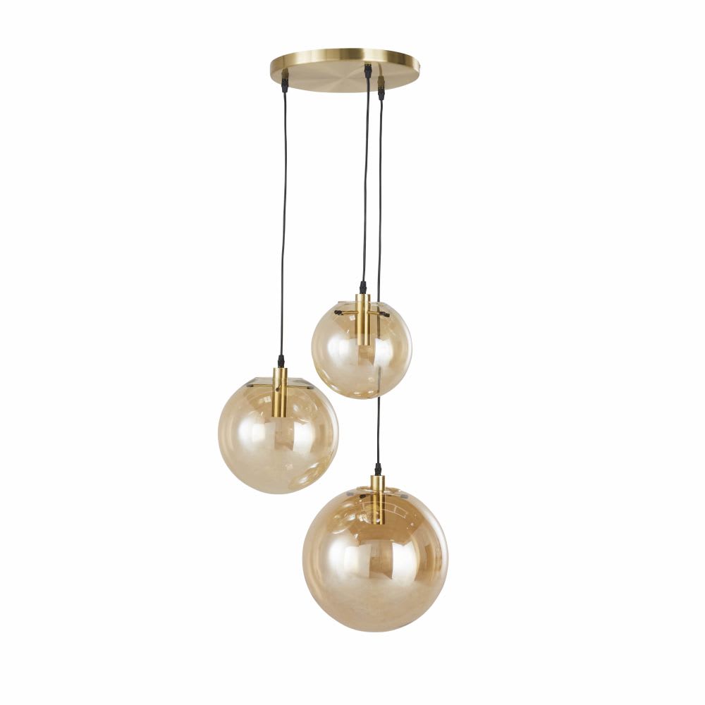Suspension 3 globes en verre ambré et acier doré, H118 cm