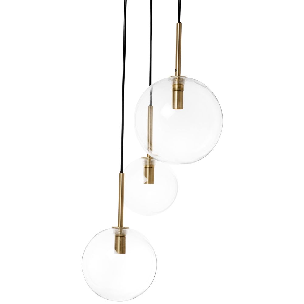 Suspension 3 globes en verre transparent, H40 cm