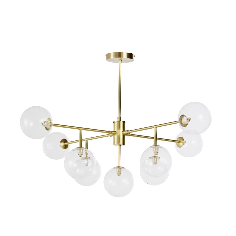 Suspension 9 globes en verre et acier doré, L100 cm